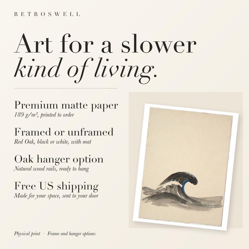RetroSwell print details for Curling Wave Ink Style: premium 189 g/m² matte paper, framed or unframed, oak hanger option, free US shipping.