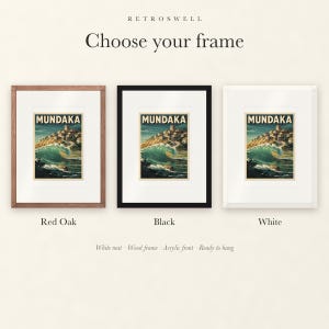 Frame options for Mundaka Spain Surf: Red Oak, black and white wood frames, each with a white mat.