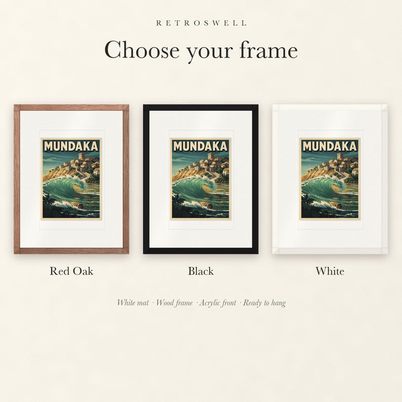 Frame options for Mundaka Spain Surf: Red Oak, black and white wood frames, each with a white mat.