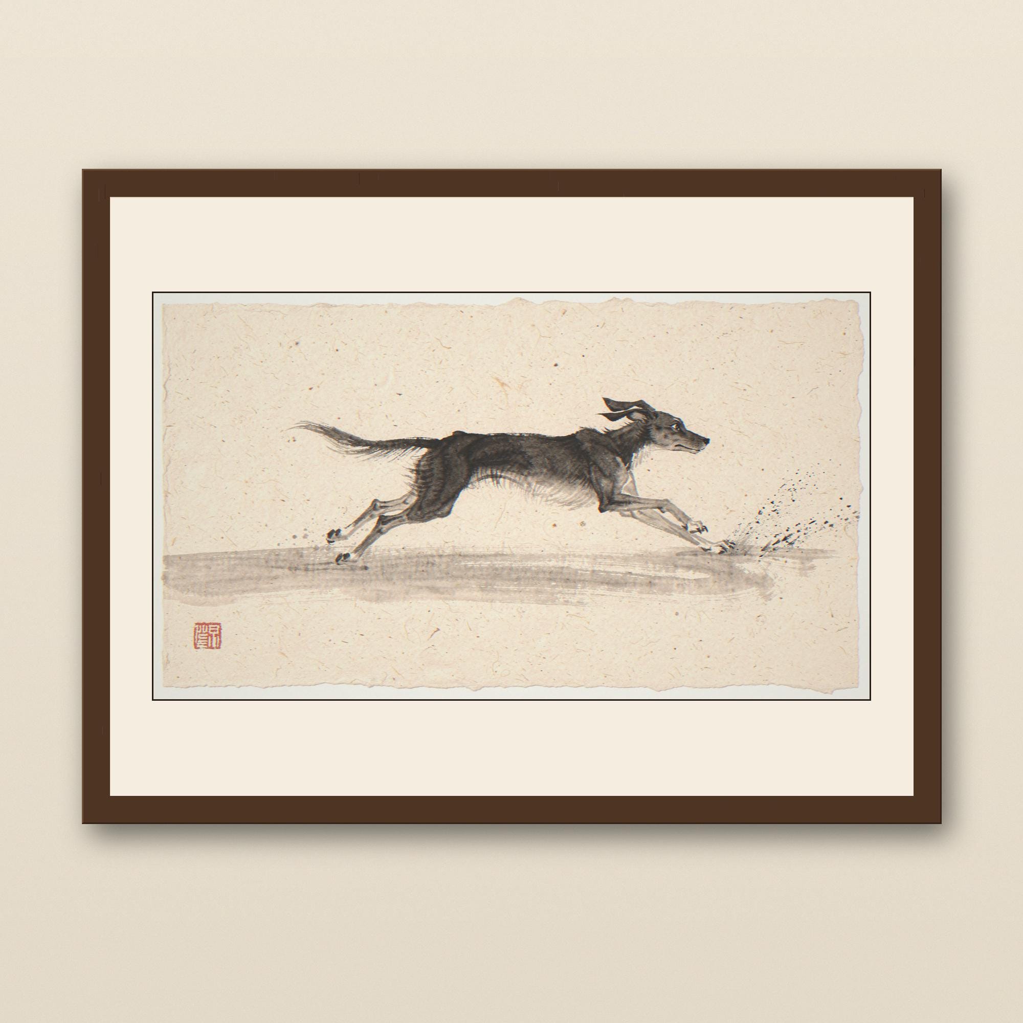 Xieyi Ink Dog Zoomies On The Sand Print - walnut framed art print with cream mat on plaster wall