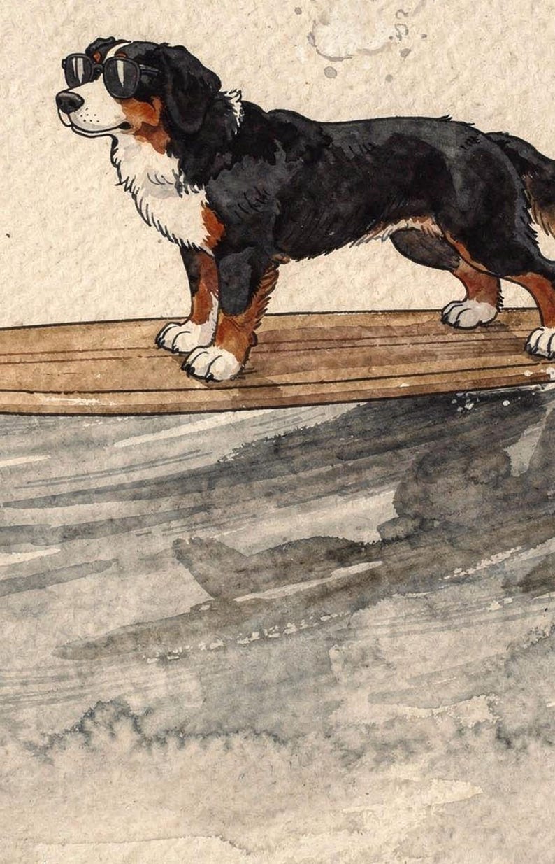 Bernese Mountain Dog Surfing Print | Watercolor Dog Wall Art | Coastal Beach Decor | Printable Download | Berner Gift image 4