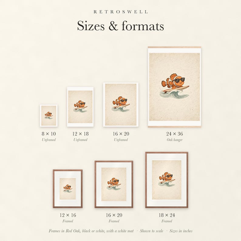 Sizes and formats for Surfing Clownfish, shown to scale: unframed prints, oak hanger and framed prints.
