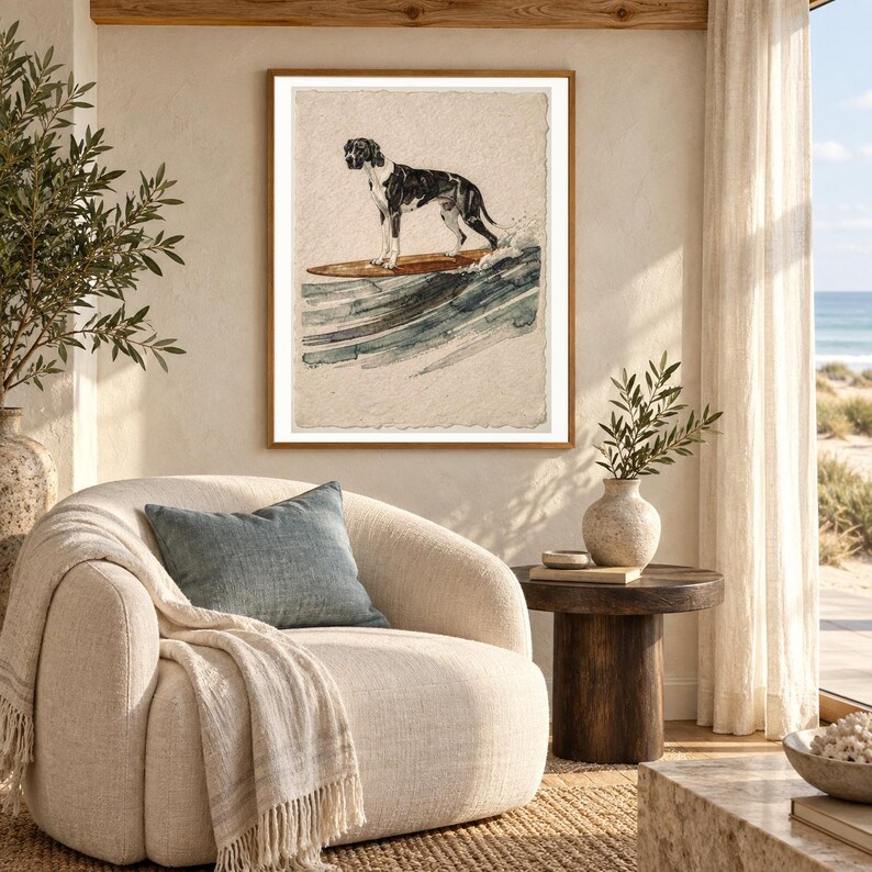 Lámina artística de un gran danés surfeando / Arte mural de perro en acuarela (descarga digital) imagen 5