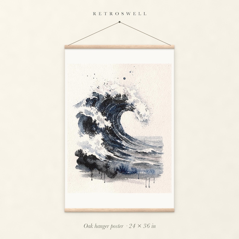 Storm Wave Watercolor oak hanger poster, 24 by 36 inches, with natural wood rails and a hanging cord.