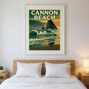Cannon Beach Oregon Poster framed in a modern bedroom setting