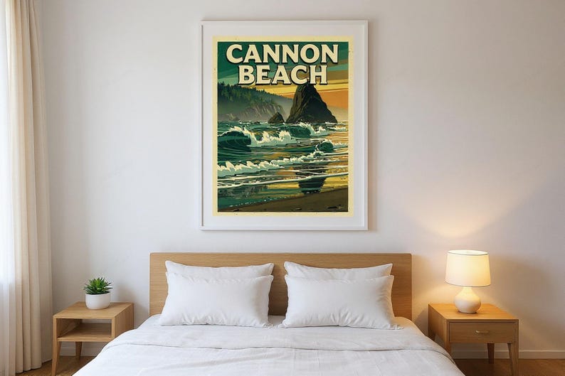 Cannon Beach Oregon Poster framed in a modern bedroom setting