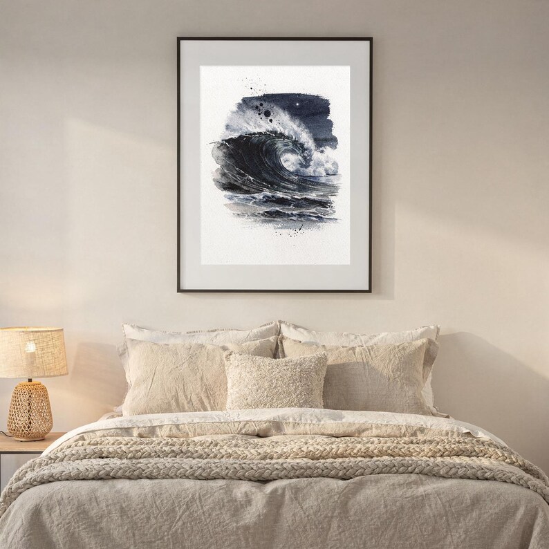 Moonlit Wave Watercolor Print, Night Ocean Wall Art, Indigo Coastal Decor, Moon Wave Painting, Printable Wall Art Digital Download image 7
