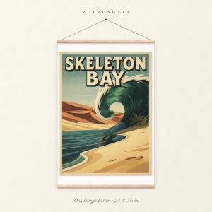 Skeleton Bay Namibia Surf oak hanger poster, 24 by 36 inches, with natural wood rails and a hanging cord.