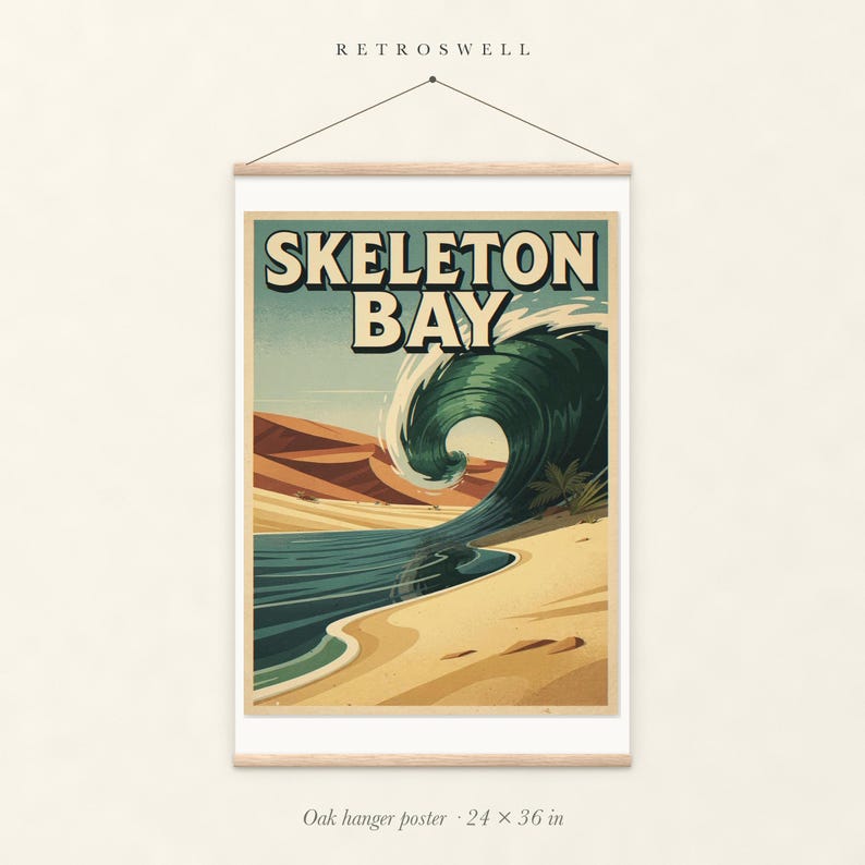 Skeleton Bay Namibia Surf oak hanger poster, 24 by 36 inches, with natural wood rails and a hanging cord.