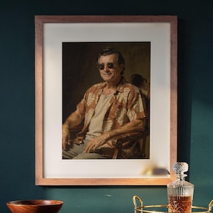 James Monroe Surfer printable art, shown printed in a Red Oak frame with a white mat, hanging above the desk in a green study.