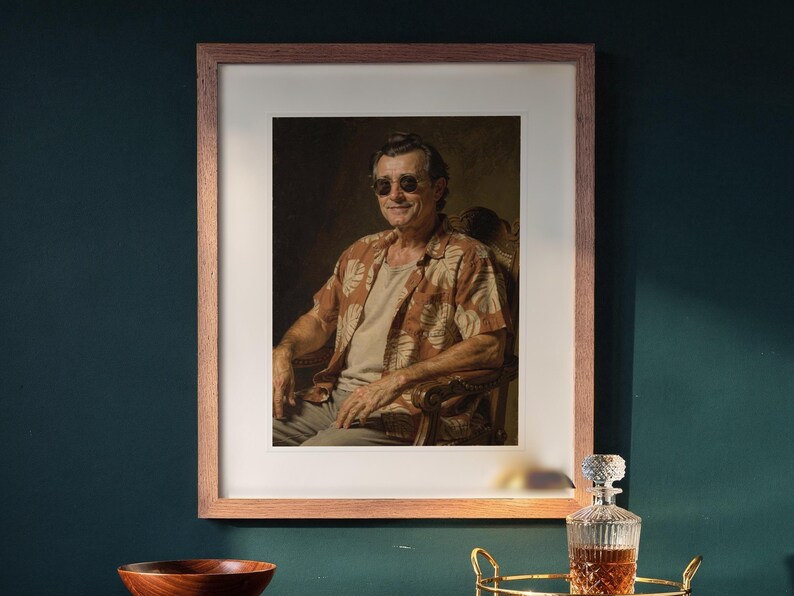 James Monroe Surfer printable art, shown printed in a Red Oak frame with a white mat, hanging above the desk in a green study.