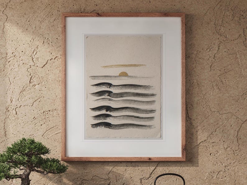 Layered Waves Ink Style print in a Red Oak frame with a white mat, hanging above the cabinet in a tea room.