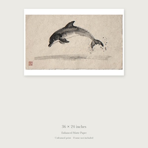 Leaping Dolphin Xieyi Ink unframed 36 by 24 inch print on enhanced matte paper, shown with its white paper border.