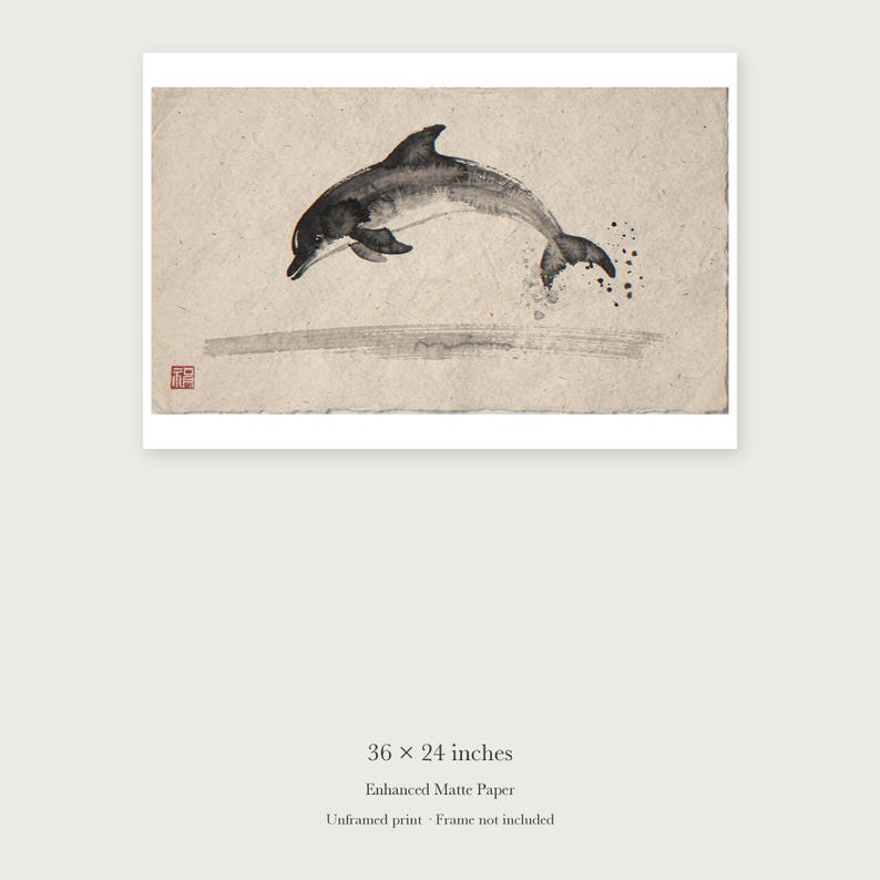 Leaping Dolphin Xieyi Ink unframed 36 by 24 inch print on enhanced matte paper, shown with its white paper border.