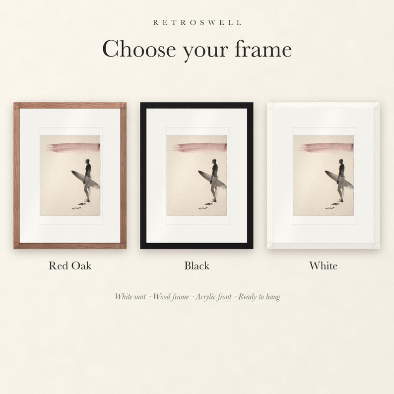 Frame options for Surfer Ink Style: Red Oak, black and white wood frames, each with a white mat.