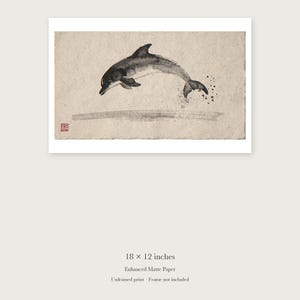 Leaping Dolphin Xieyi Ink unframed 18 by 12 inch print on enhanced matte paper, shown with its white paper border.