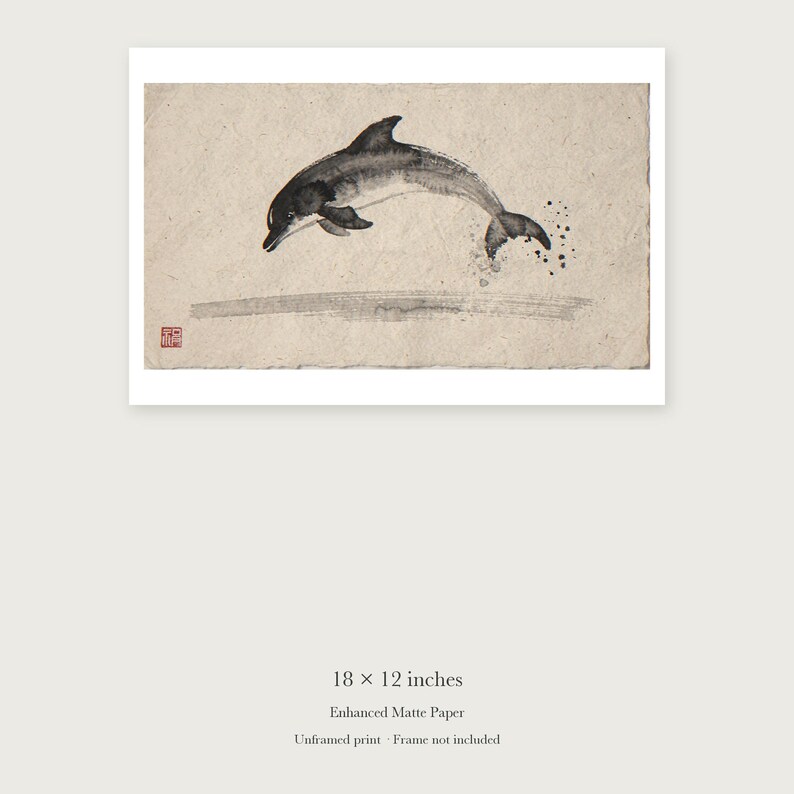 Leaping Dolphin Xieyi Ink unframed 18 by 12 inch print on enhanced matte paper, shown with its white paper border.