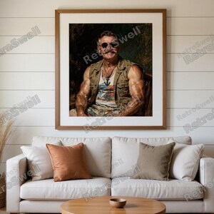 Teddy Roosevelt Surfer Oil Painting Print framed in a beach-style living room setting