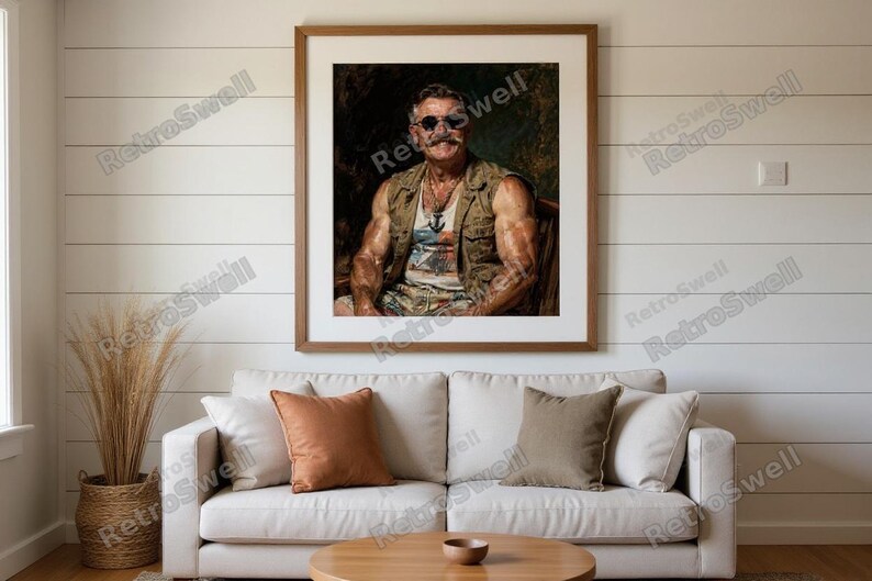 Teddy Roosevelt Surfer Oil Painting Print framed in a beach-style living room setting