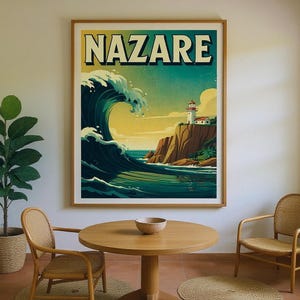 Nazare Portugal Surf Poster framed in a coastal dining room setting