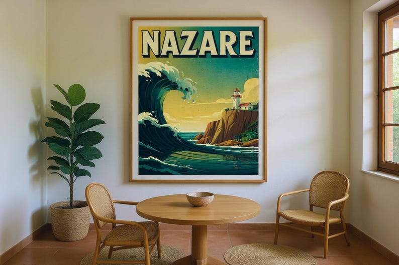 Nazare Portugal Surf Poster framed in a coastal dining room setting