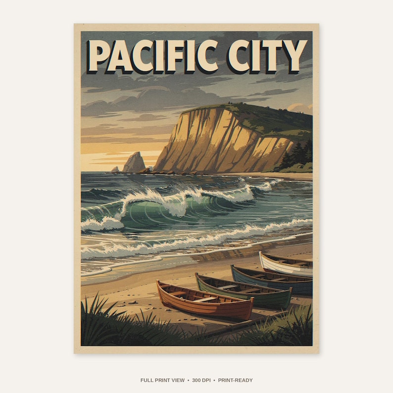 Pacific City Oregon Surf Poster - full unframed print view, 300 DPI print-ready quality