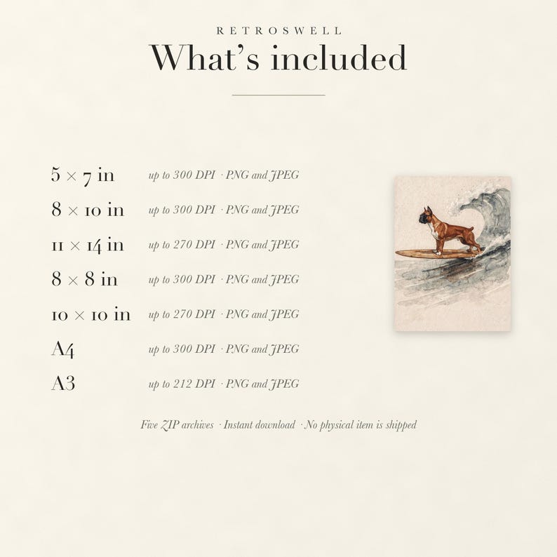 Files included with the Boxer surfing digital download: print sizes and resolutions.