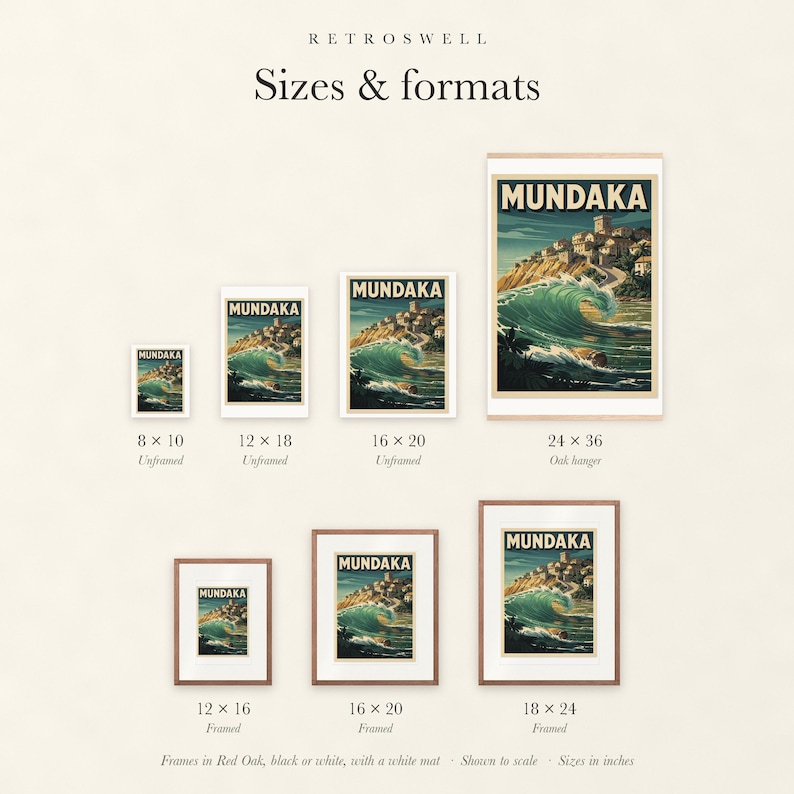 Sizes and formats for Mundaka Spain Surf, shown to scale: unframed prints, oak hanger and framed prints.