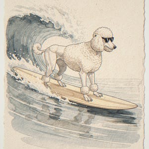 Poodle surfing unframed printed artwork and full composition with its paper border.