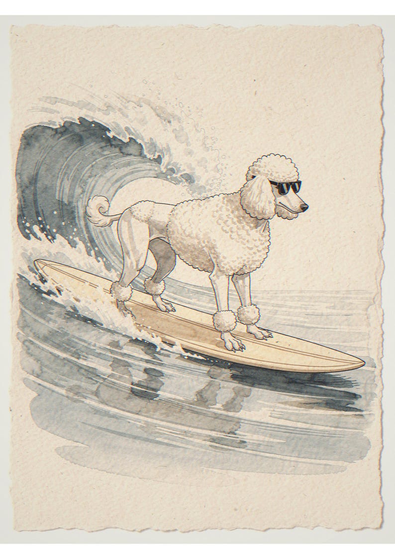 Poodle surfing unframed printed artwork and full composition with its paper border.