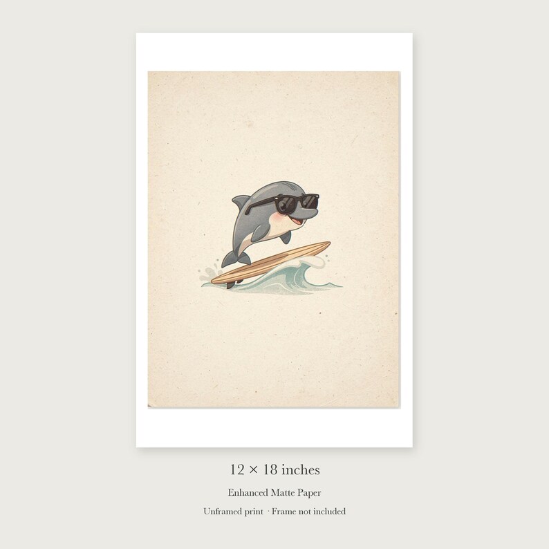 Dolphin Surfing unframed 12 by 18 inch print on enhanced matte paper, shown with its white paper border.