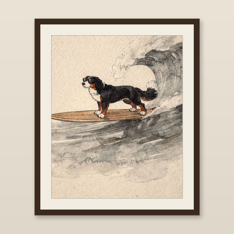 Bernese Mountain Dog Surfing Print | Watercolor Dog Wall Art | Coastal Beach Decor | Printable Download | Berner Gift image 1