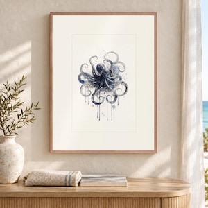 Octopus Art Print, Indigo Watercolor Style Sea Life Poster, Framed or Unframed image 12