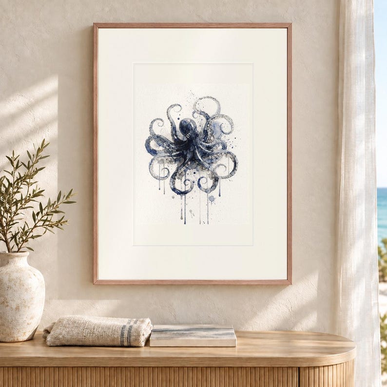 Octopus Art Print, Indigo Watercolor Style Sea Life Poster, Framed or Unframed image 12