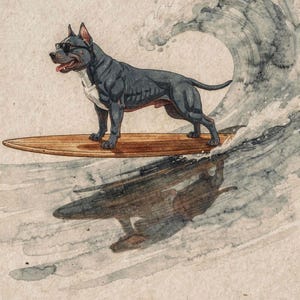 Pit Bull surfing art, full artwork: watercolor and ink dog in sunglasses on a wooden longboard riding a curling wave.