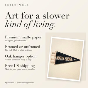 RetroSwell print details for North Shore, Oahu Surf Pennant: premium 189 g/m² matte paper, framed or unframed, oak hanger option, free US shipping.