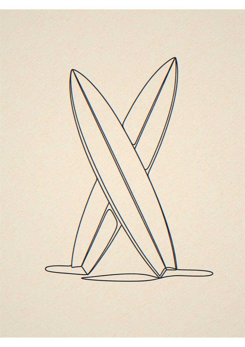 Crossed surfboards unframed printed artwork and full composition with its paper border.