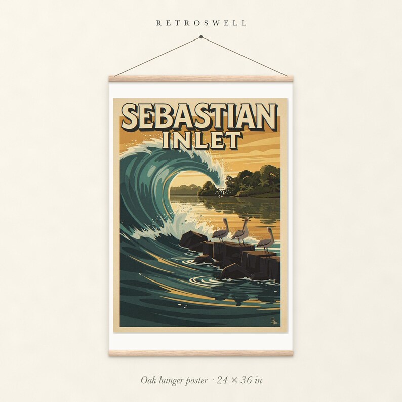 Sebastian Inlet Surf oak hanger poster, 24 by 36 inches, with natural wood rails and a hanging cord.