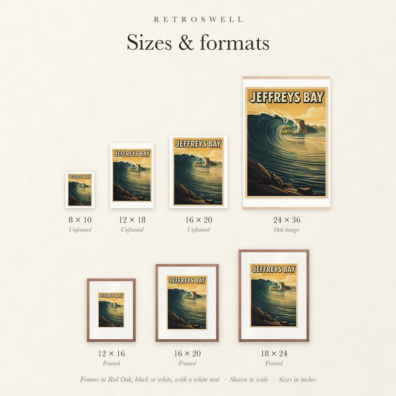 Sizes and formats for Jeffreys Bay Surf, shown to scale: unframed prints, oak hanger and framed prints.