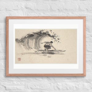 Surfer Cutback Xieyi Ink print in a Red Oak 24 by 18 inch frame with a white mat on a white brick wall.