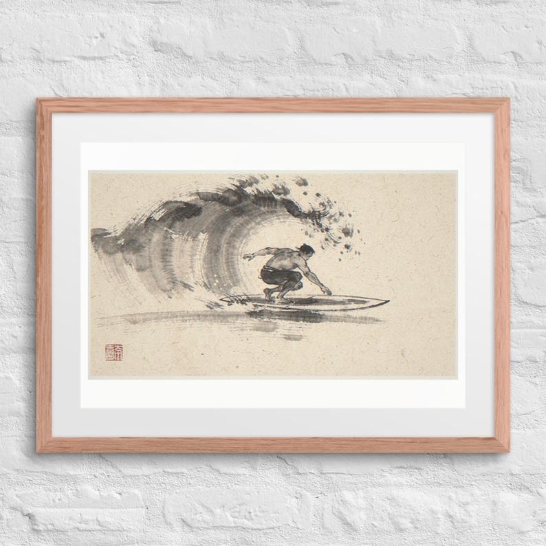Surfer Cutback Xieyi Ink print in a Red Oak 24 by 18 inch frame with a white mat on a white brick wall.