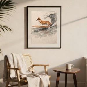 Corgi Surfing Print | Dog Surf Wall Art | Fine Art Coastal Decor | Corgi Lover Gift | Printable Wall Art Digital Download image 8