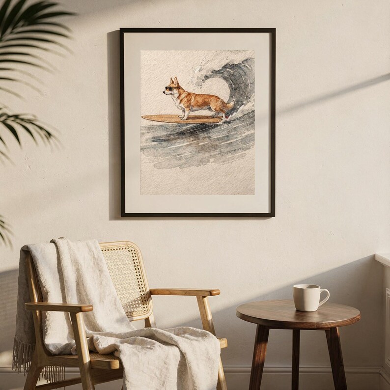 Corgi Surfing Print | Dog Surf Wall Art | Fine Art Coastal Decor | Corgi Lover Gift | Printable Wall Art Digital Download image 8