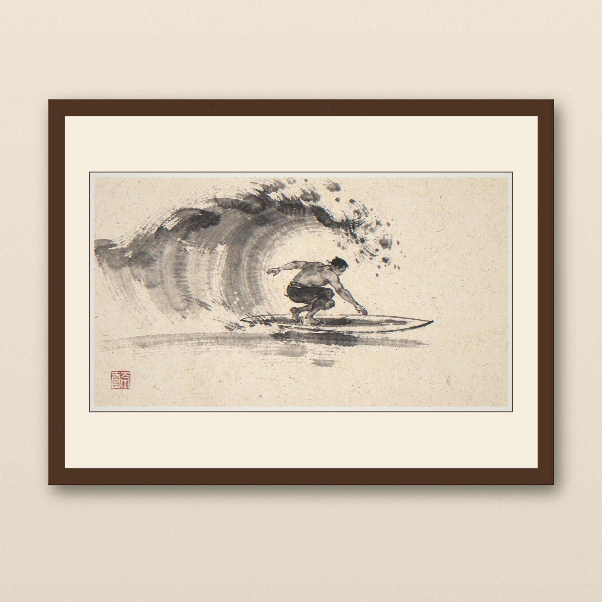 Xieyi Ink Surfer Cutback Print - walnut framed art print with cream mat on plaster wall