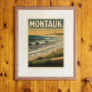 Montauk Surf Travel Poster print in a Red Oak frame with a white mat, hanging above the cabinet in a 1960s den.