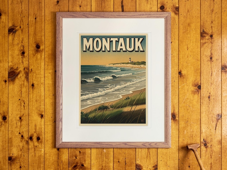 Montauk Surf Travel Poster print in a Red Oak frame with a white mat, hanging above the cabinet in a 1960s den.