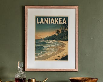May include: A framed art print featuring a beach scene with the text LANIAKEA at the top. The illustration depicts ocean waves rolling onto a sandy shore, palm trees, and a sunset sky in shades of blue, orange, and cream, enclosed in a light wood frame.