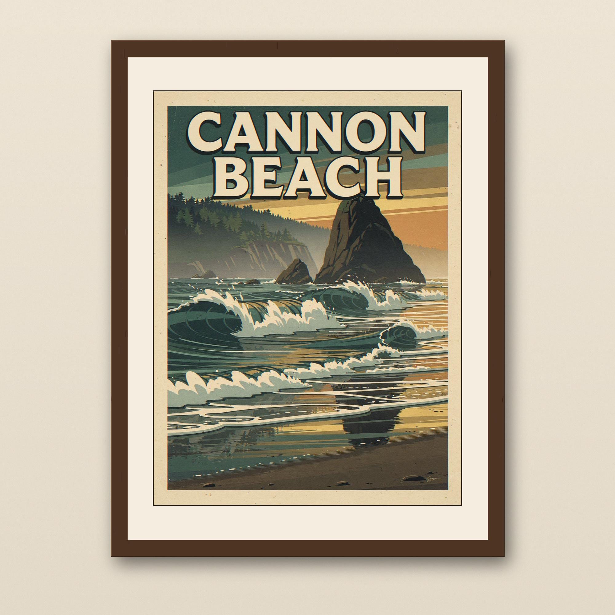 Cannon Beach Oregon Poster - walnut framed art print with cream mat on plaster wall