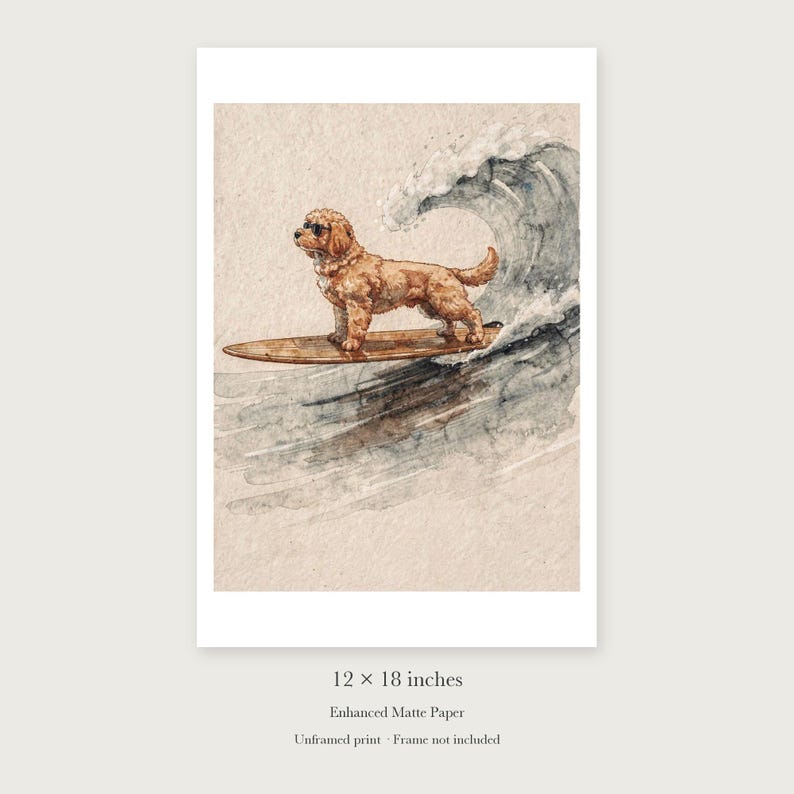 Goldendoodle Surfing unframed 12 by 18 inch print on enhanced matte paper, shown with its white paper border.