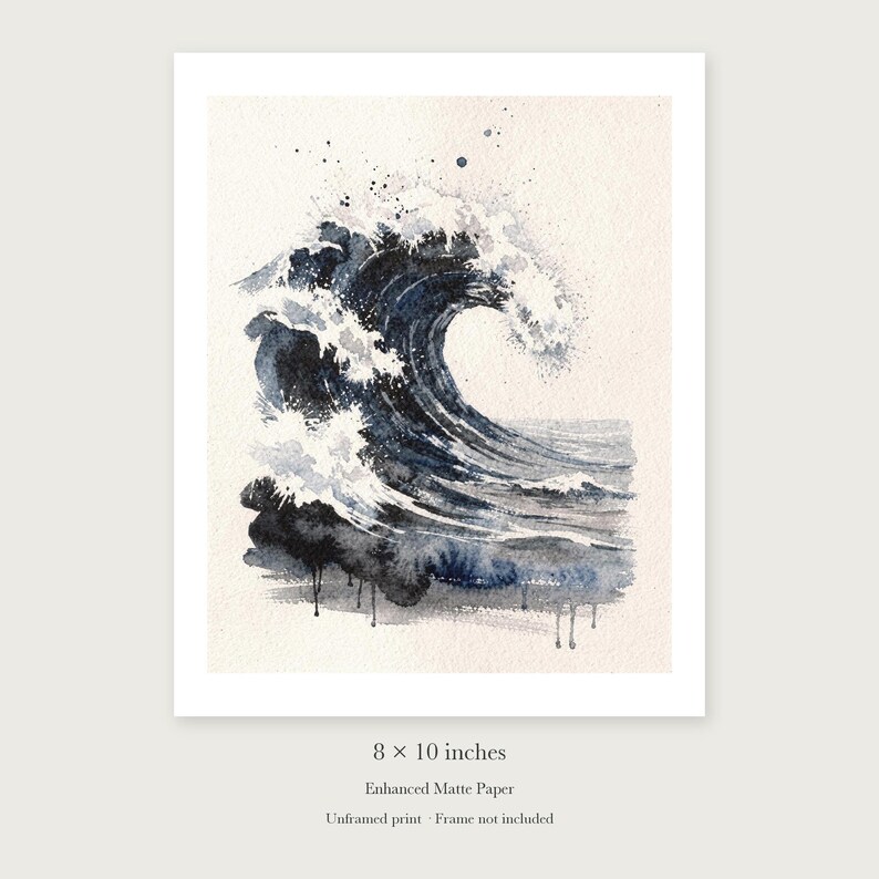 Storm Wave Watercolor unframed 8 by 10 inch print on enhanced matte paper, shown with its white paper border.